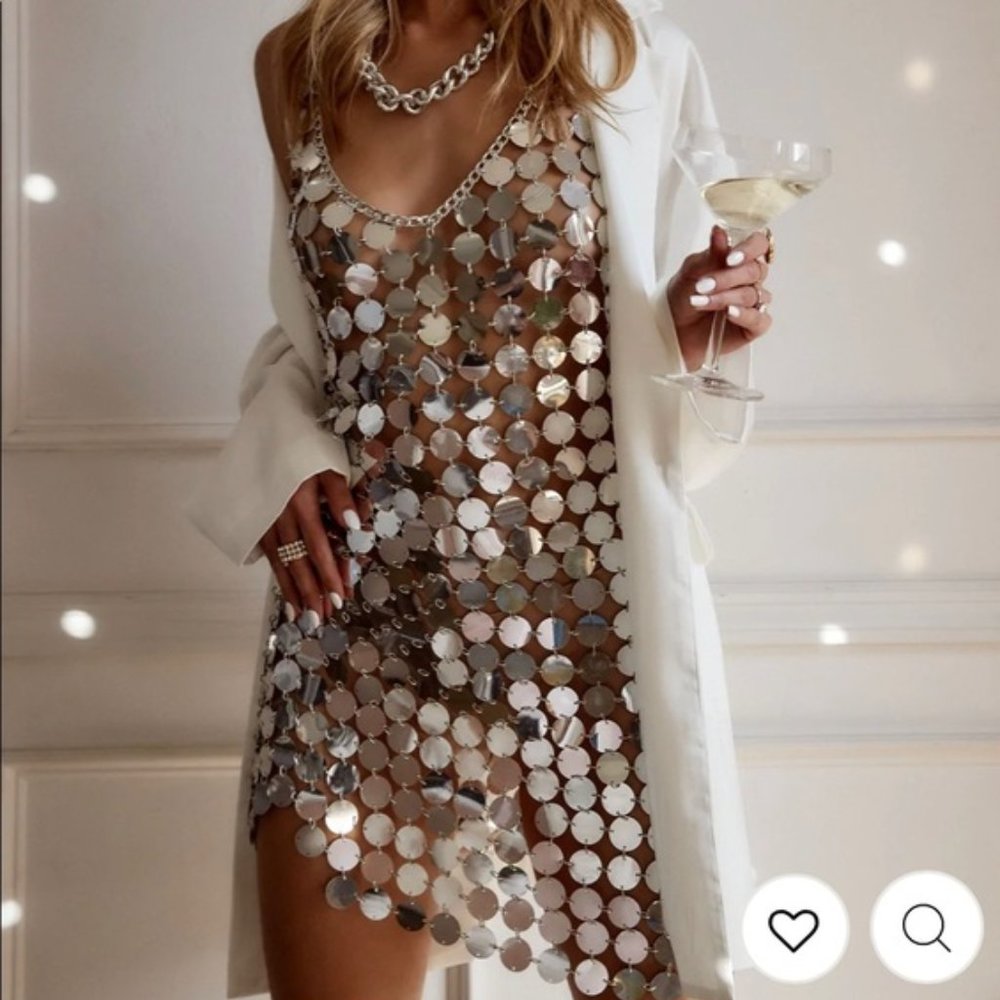 Silver disc halter mini dress